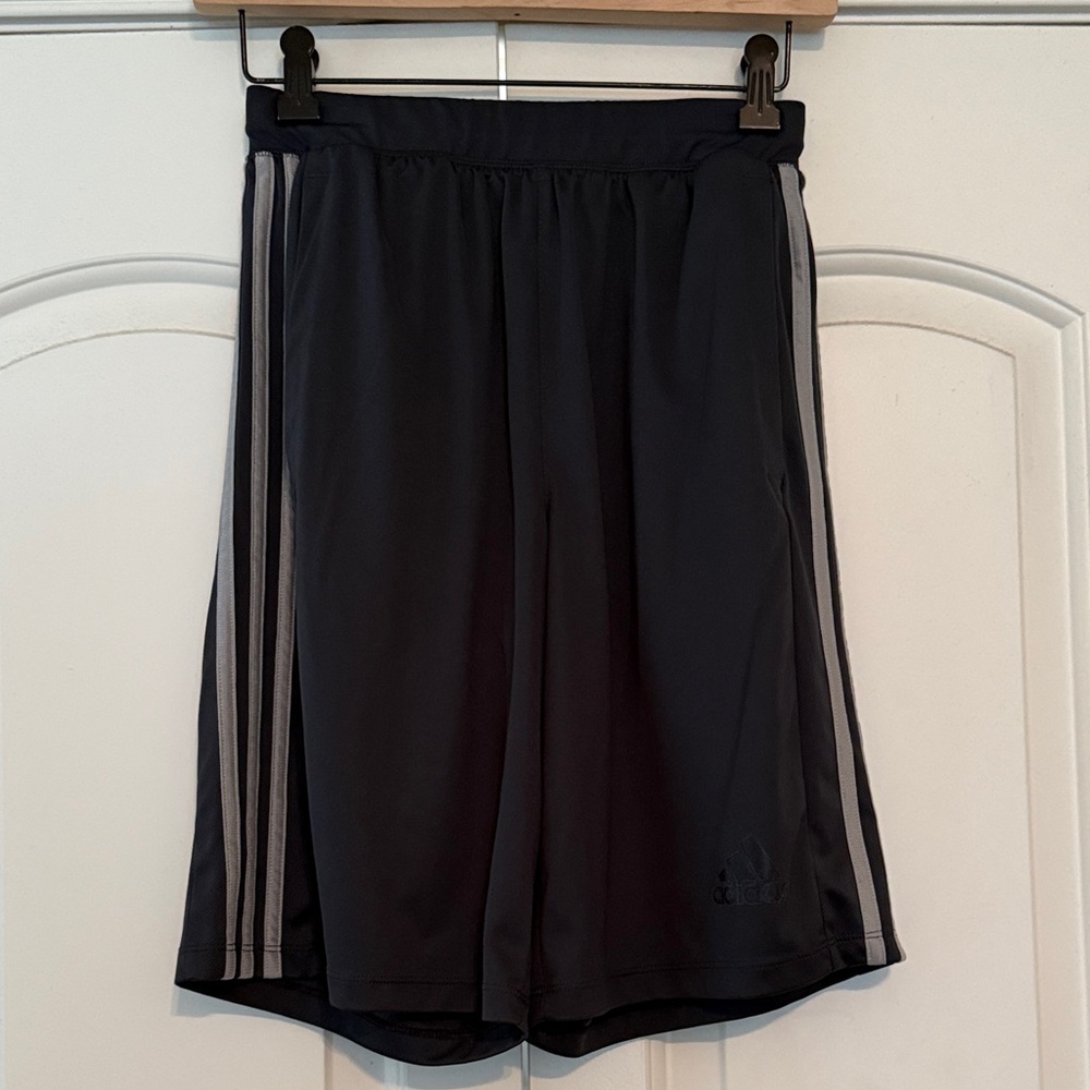 Adidas Men's Dark Grey Athletic Shorts with Light Grey Stripes
